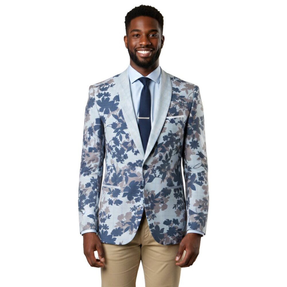 Blue/ Brown Floral Leaf Mens Slim-Fit Jacket by Tazio